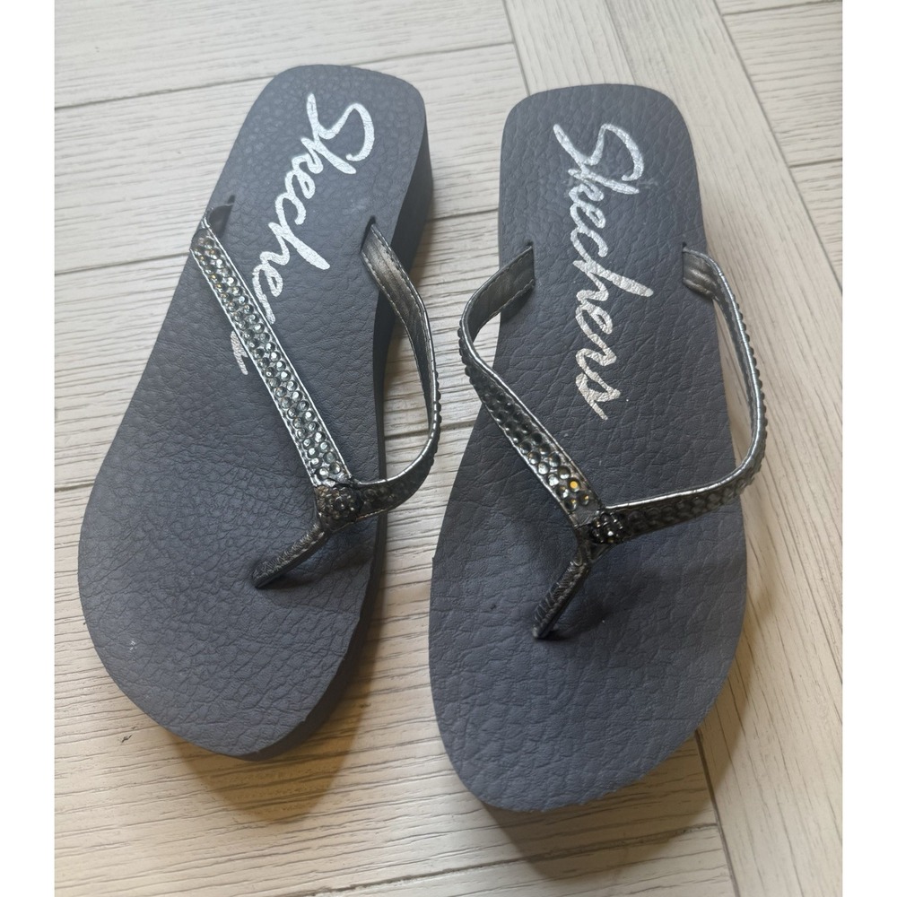 Skechers Women's Black Rhinestone Slip On Flip Flop Sandal Sz 7, 1" Platform